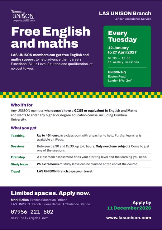 Poster: free English and maths, Functional Skills Level 2. Tuesdays 12 January to 27 April 2027 at UNISON HQ. Apply by 11 December 2026.