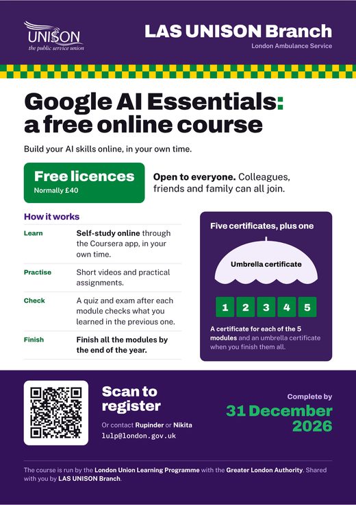 Poster: free Google AI Essentials online course. Free licences, normally £40, open to everyone. Complete by 31 December 2026.